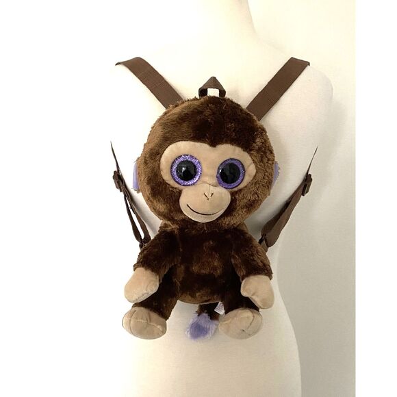 TY Brown Monkey Plush Kids Purple Eyes 100% Tysilk Adjustable Strap Backpack - Picture 1 of 7